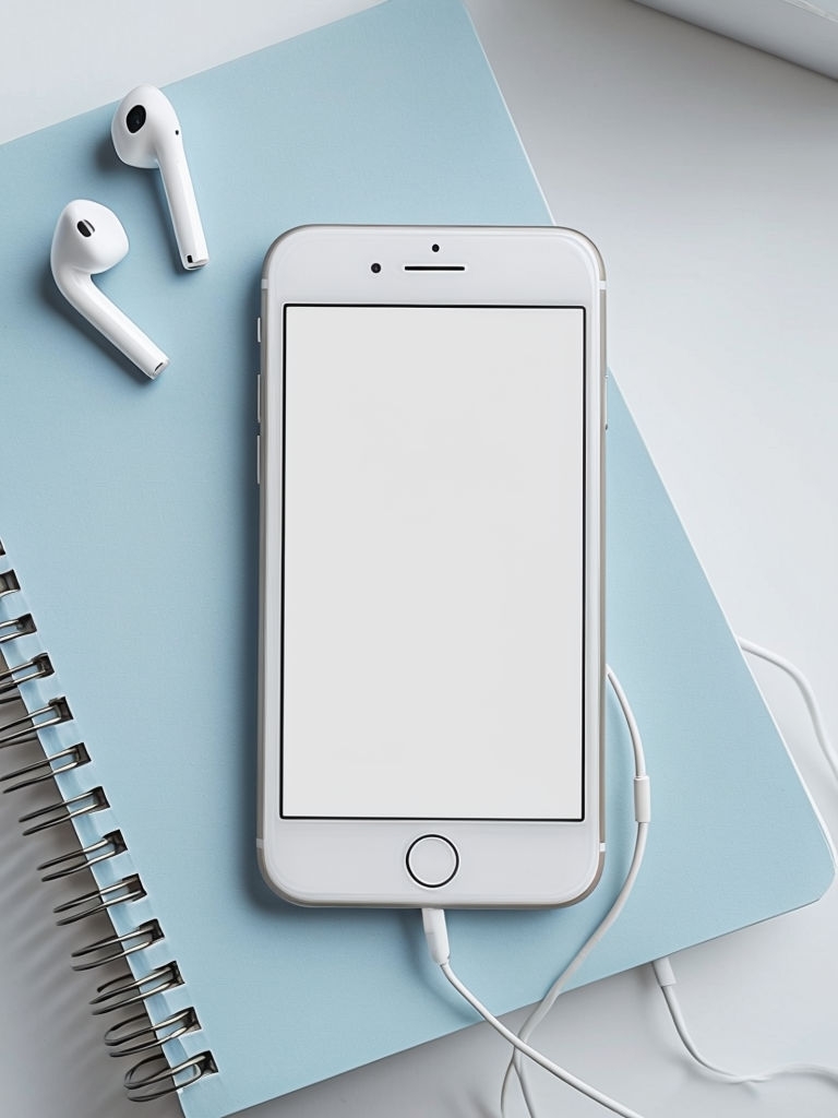 Minimalist Smartphone and Earbuds on Light Blue Notebook Mockup