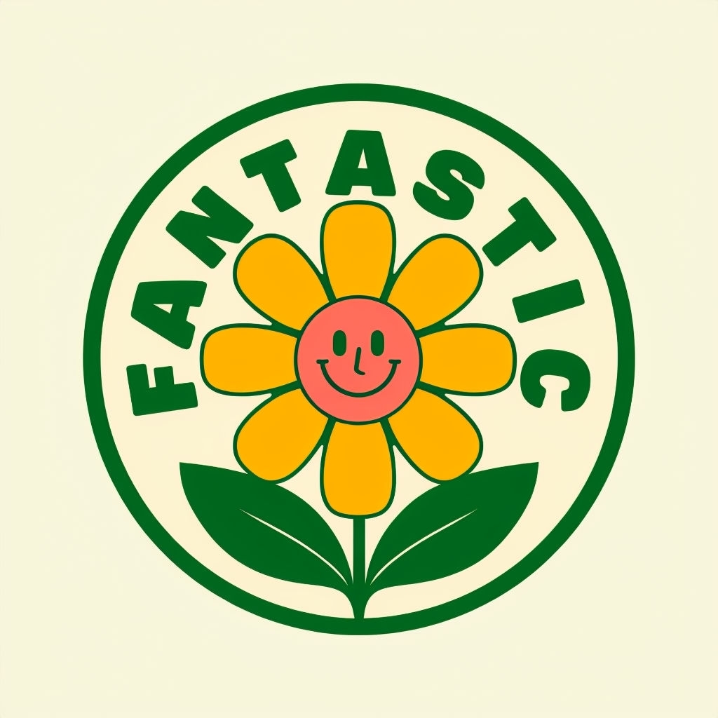 Cheerful Cartoon Flower Emblem with Fantastic Text Sticker