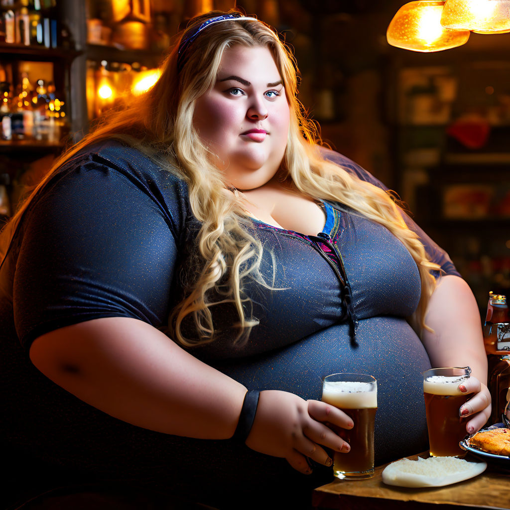 big cute woman with fat belly in a restaurant eating burguers