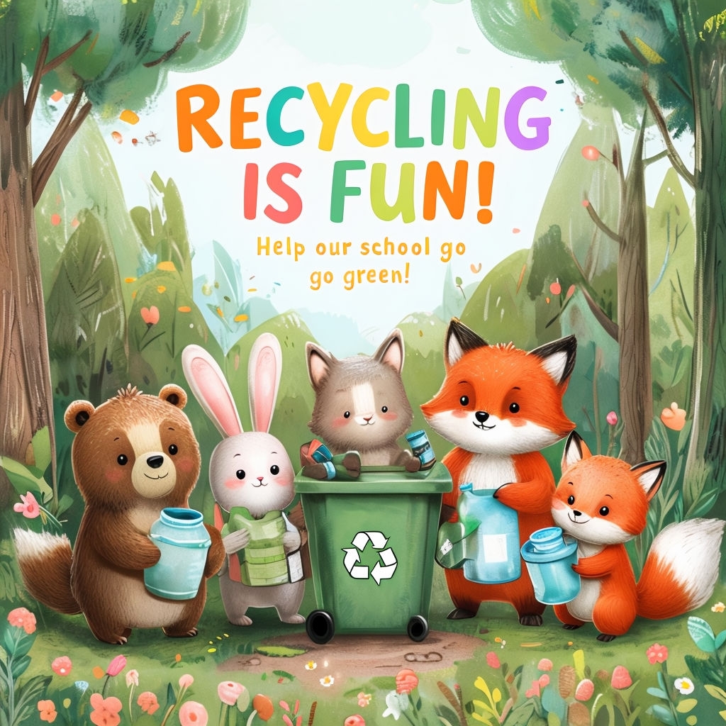 Whimsical Animated Animals Promoting Recycling Poster - Playground