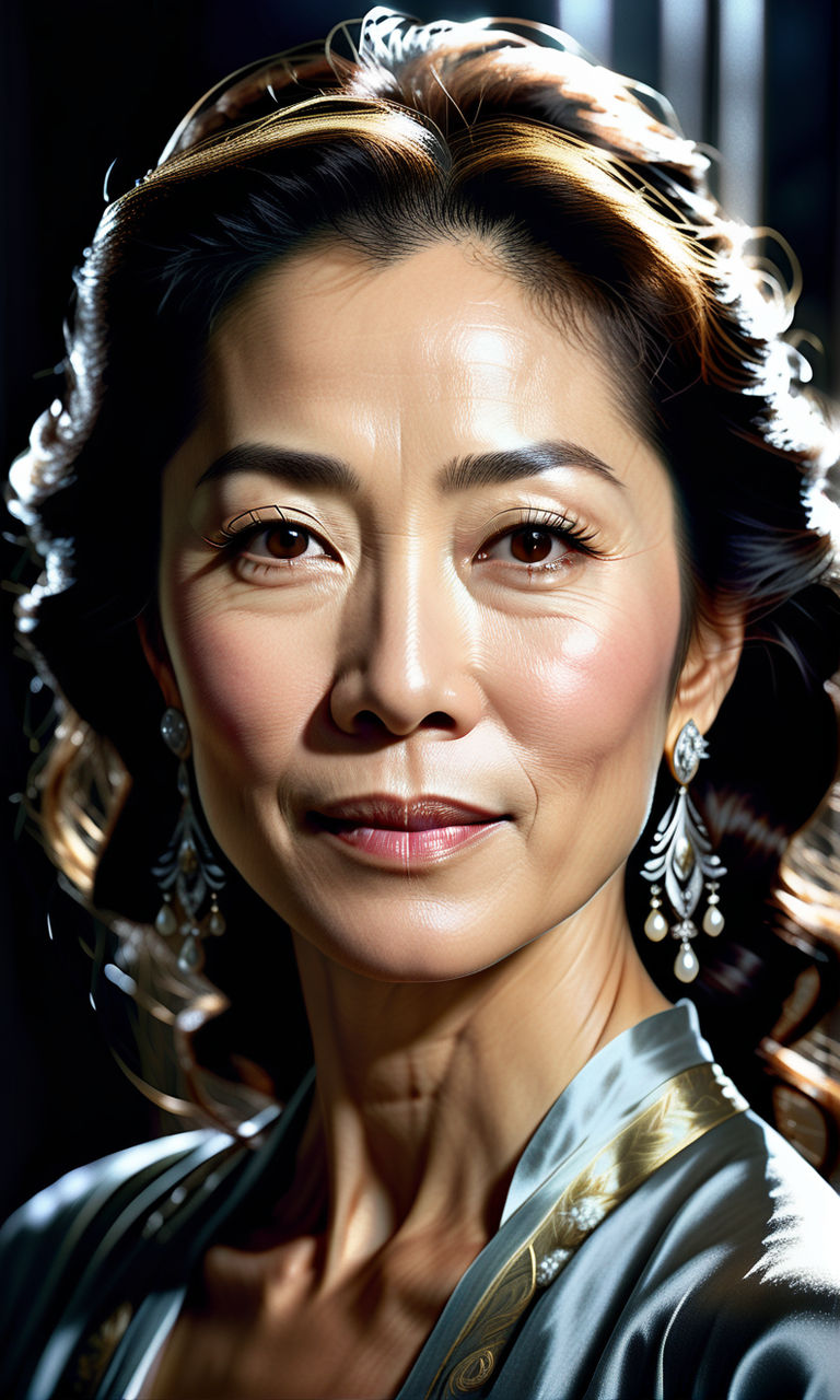 In the style of Colin Staples. Portrait. ((50 year old beautiful and mature  Asian Empress))