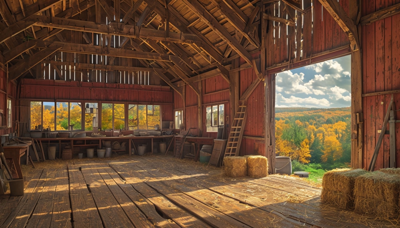 Serene Rustic Barn Interior Bathed in Autumn Light Art