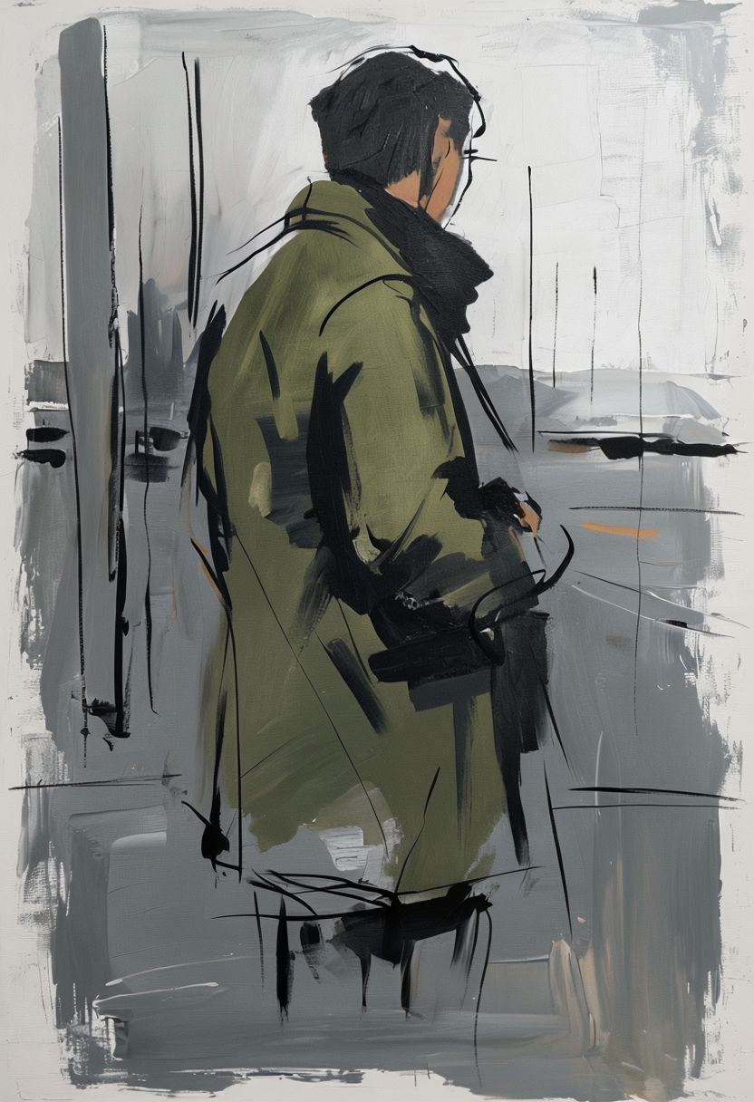 Solitary Urban Commuter Figure in Mixed Media Artwork Art