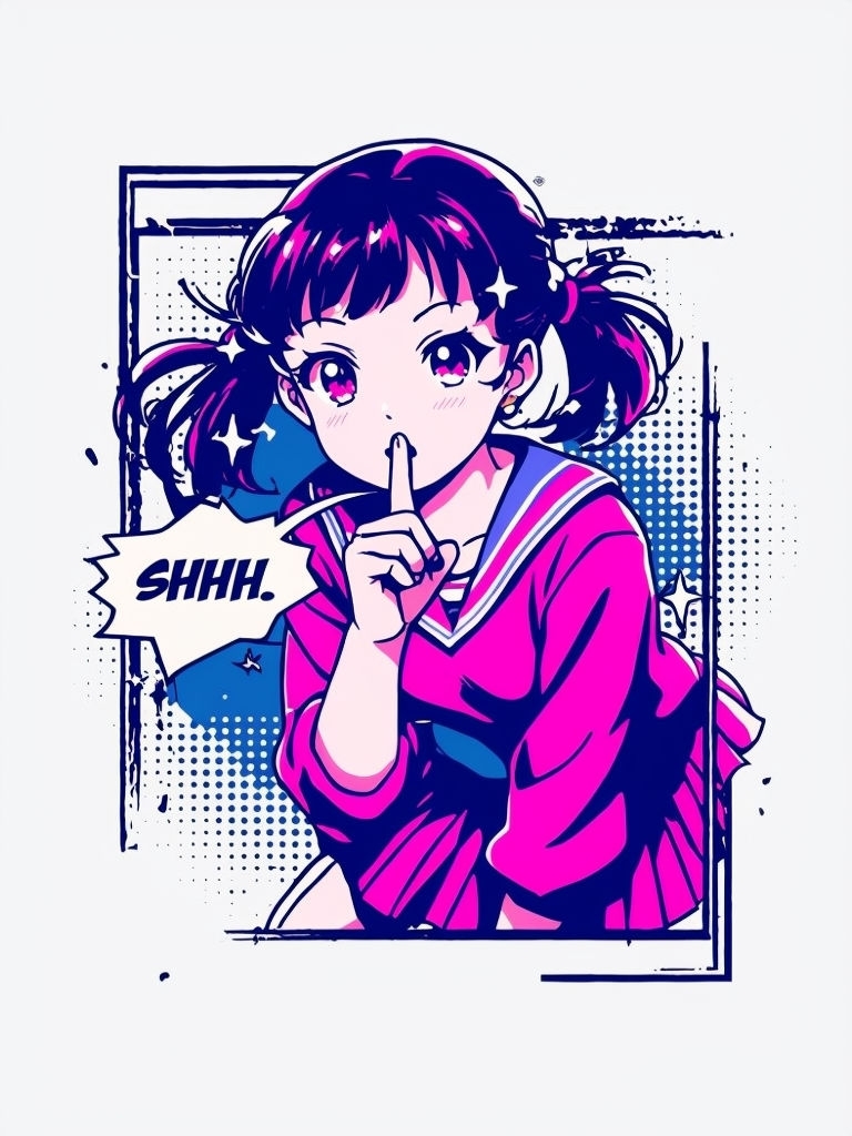 90s Anime Girl Shh Gesture Retro Comic Style T-Shirt