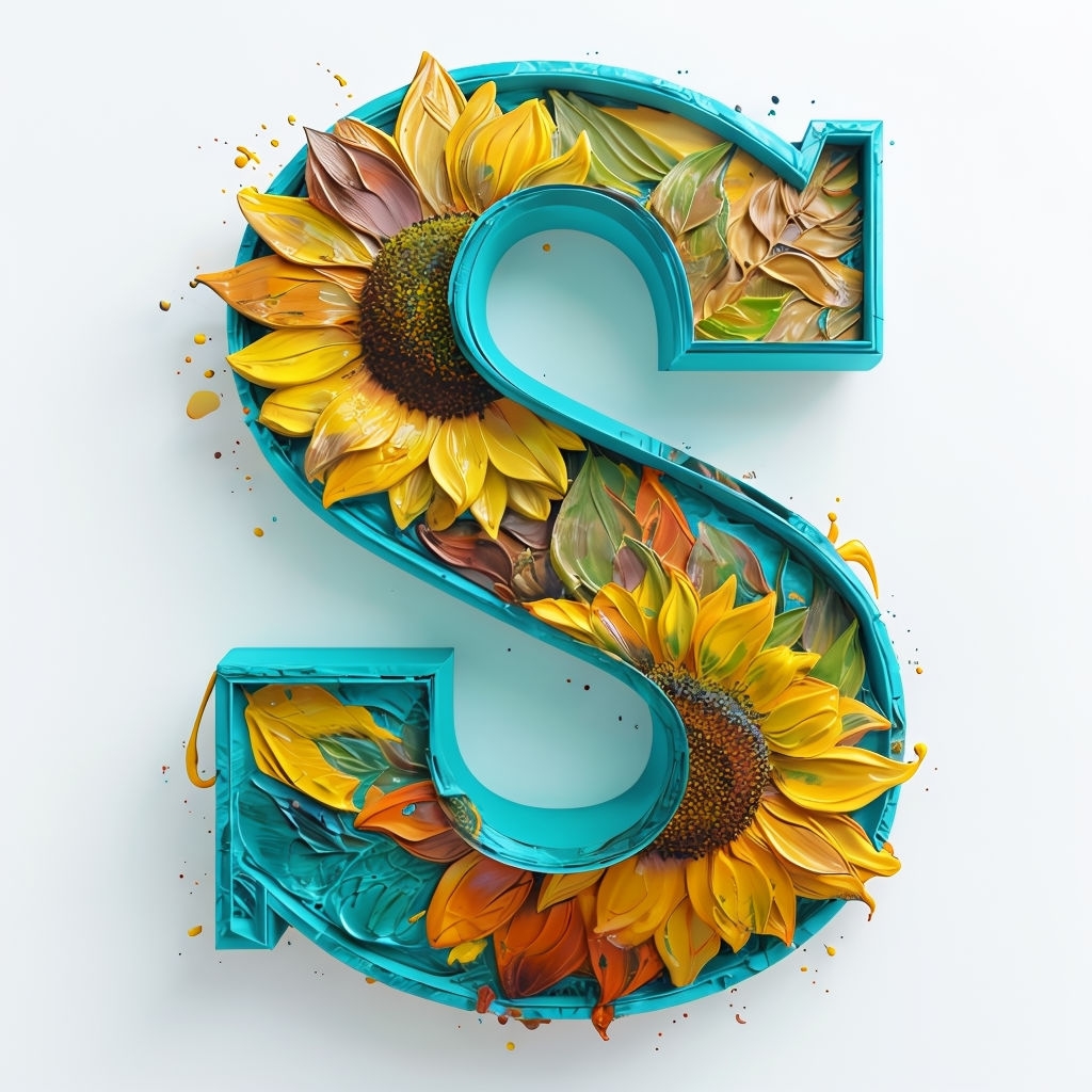 Vibrant Sunflower Themed 3D Letter S Monogram Artwork