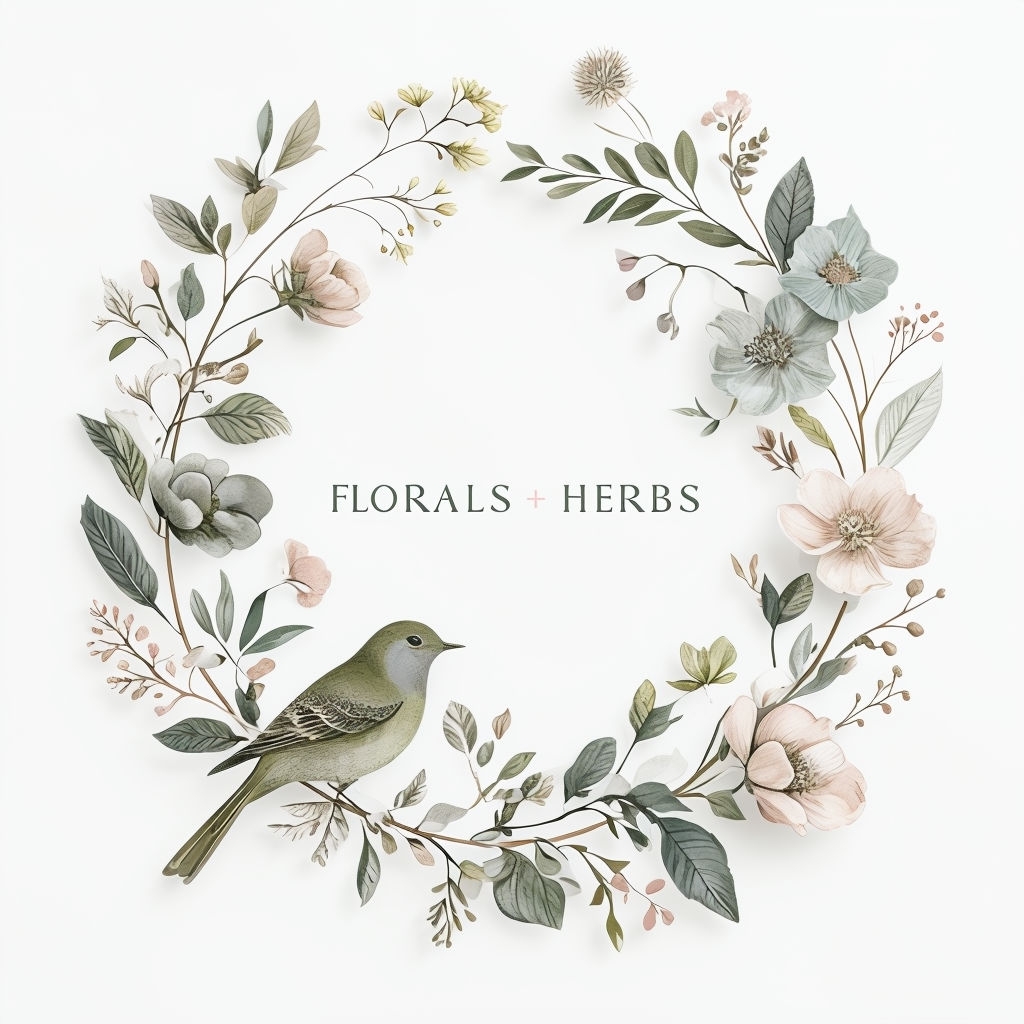 Elegant Floral Wreath Logo with Stylized Bird Design