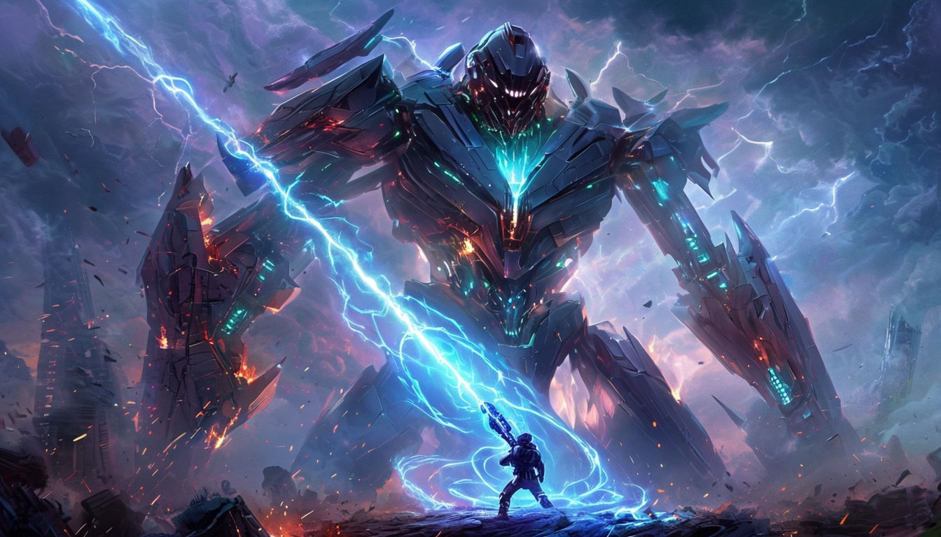 Futuristic Battle Scene with Energy Weapon and Robot Art