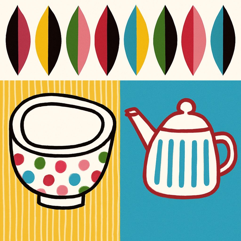 Colorful Bowl and Teapot Graphic Illustration Seamless Pattern