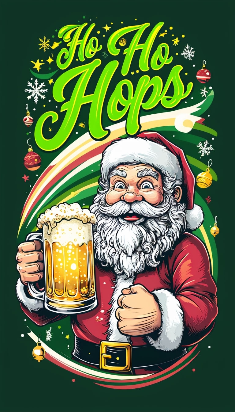 Festive Santa Claus with Beer and 'Ho Ho Hops' Cursive Text Art Poster