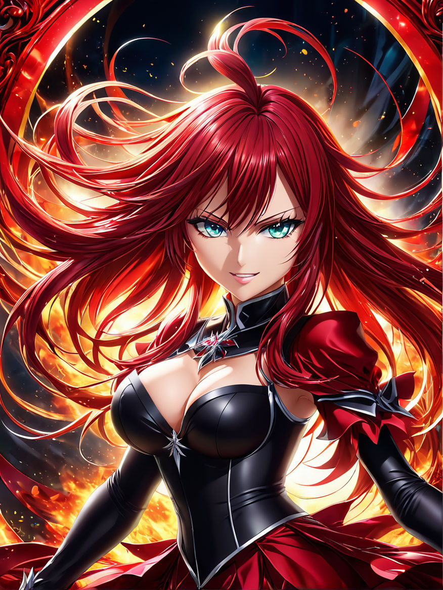 a captivating anime girl from the series High School DxD. Rias possesses  luscious crimson red hair that flows in voluminous waves