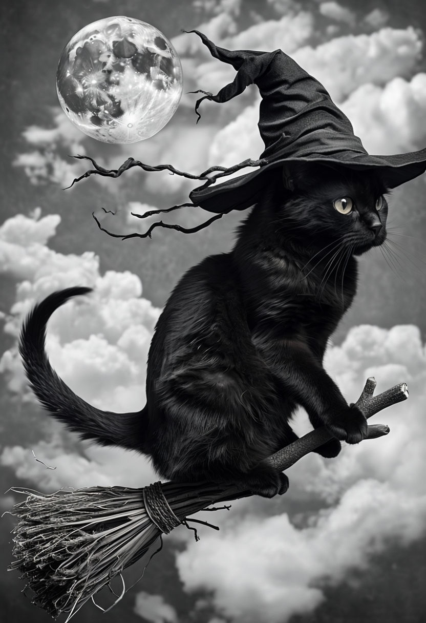 Whimsical Black Cat on Broomstick Under Full Moon Illustration Art