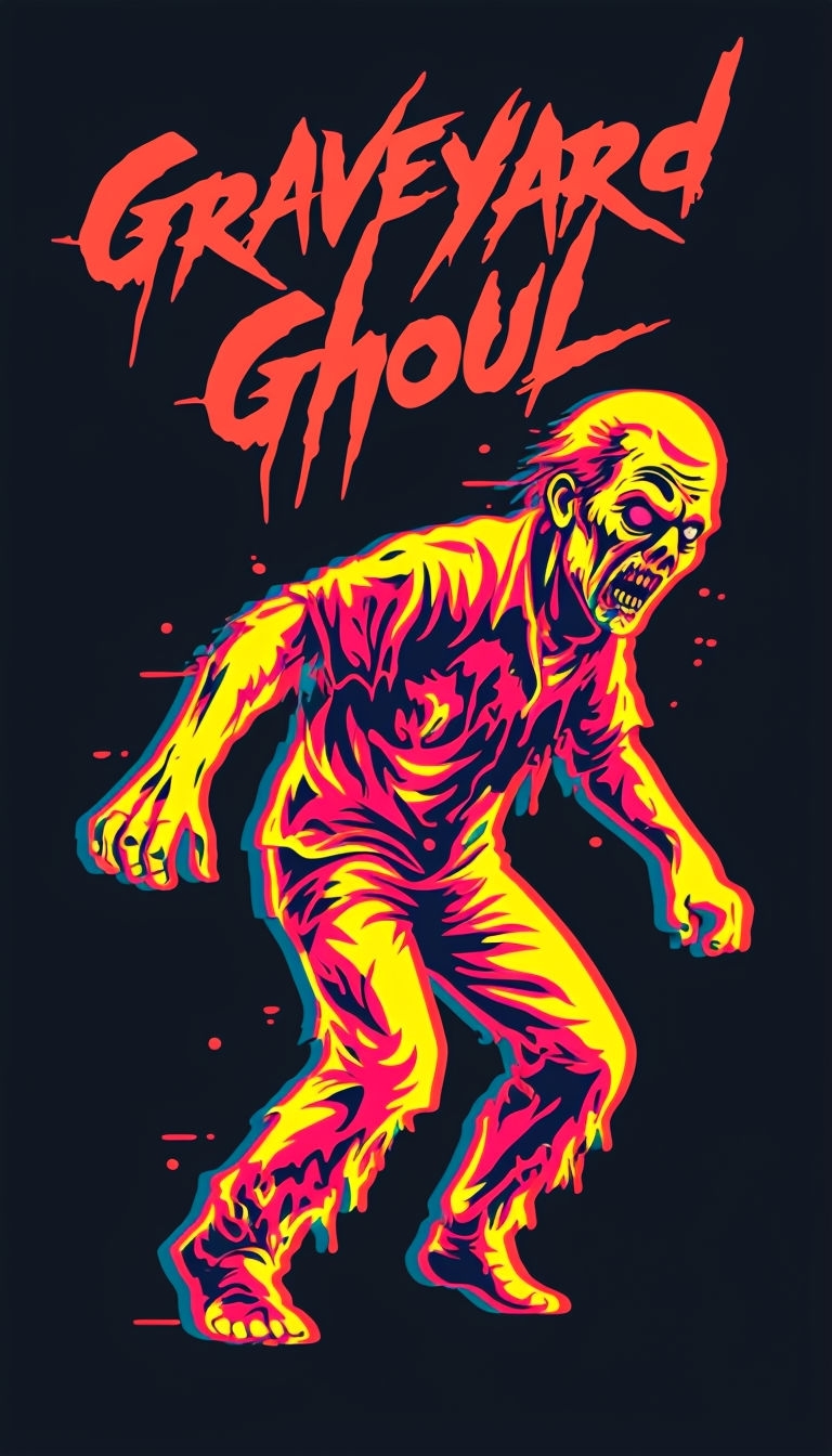 Creepy Neon Zombie Graveyard Ghoul Retro Art Poster