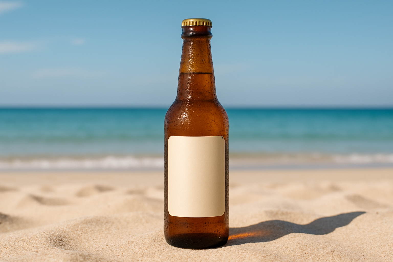 Amber Brown Beer Bottle Beach Mockup for Branding Design