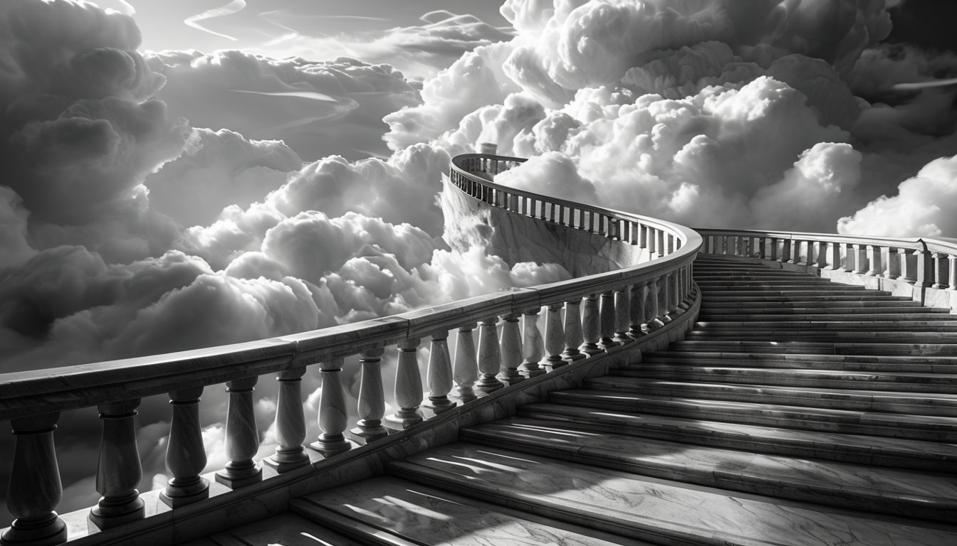 Surreal Black and White Stone Staircase with Dramatic Clouds Virtual Background