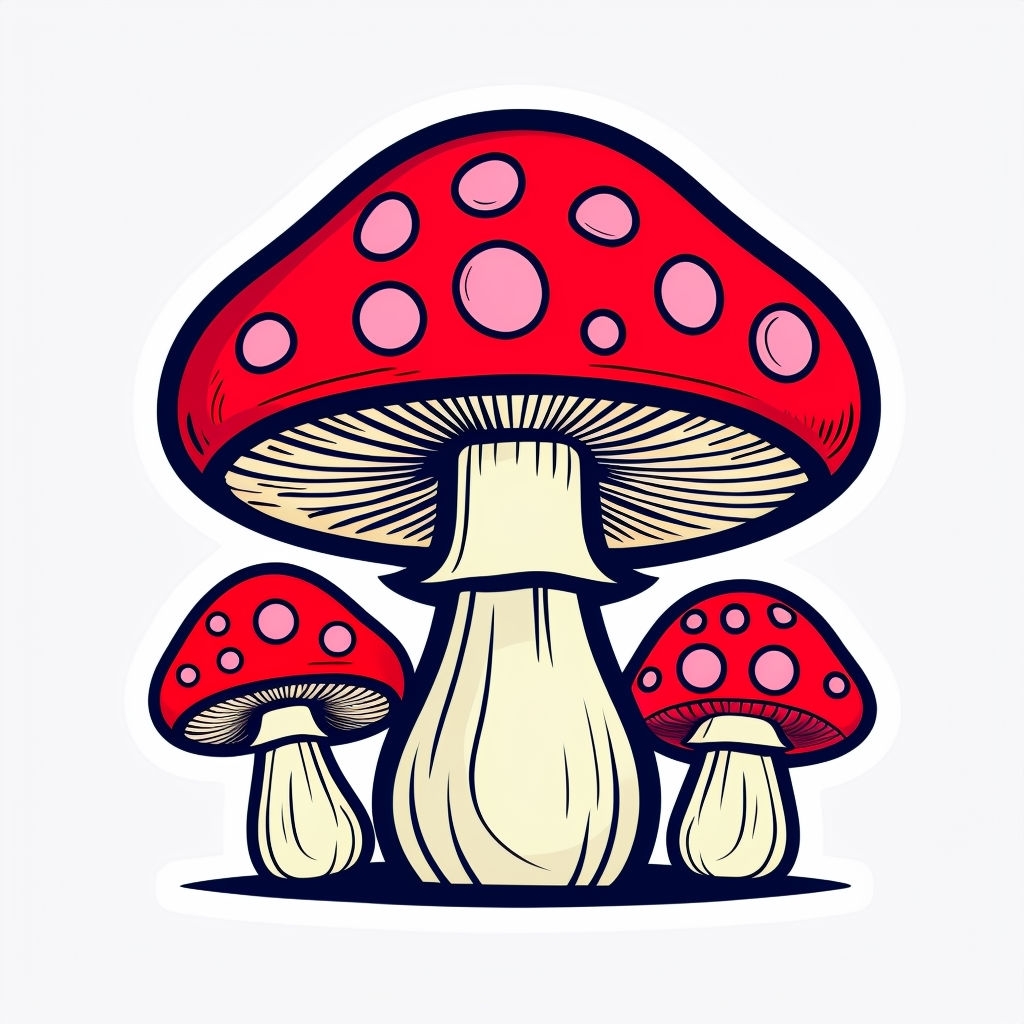 Colorful Cartoon Style Mushroom Trio Sticker Design