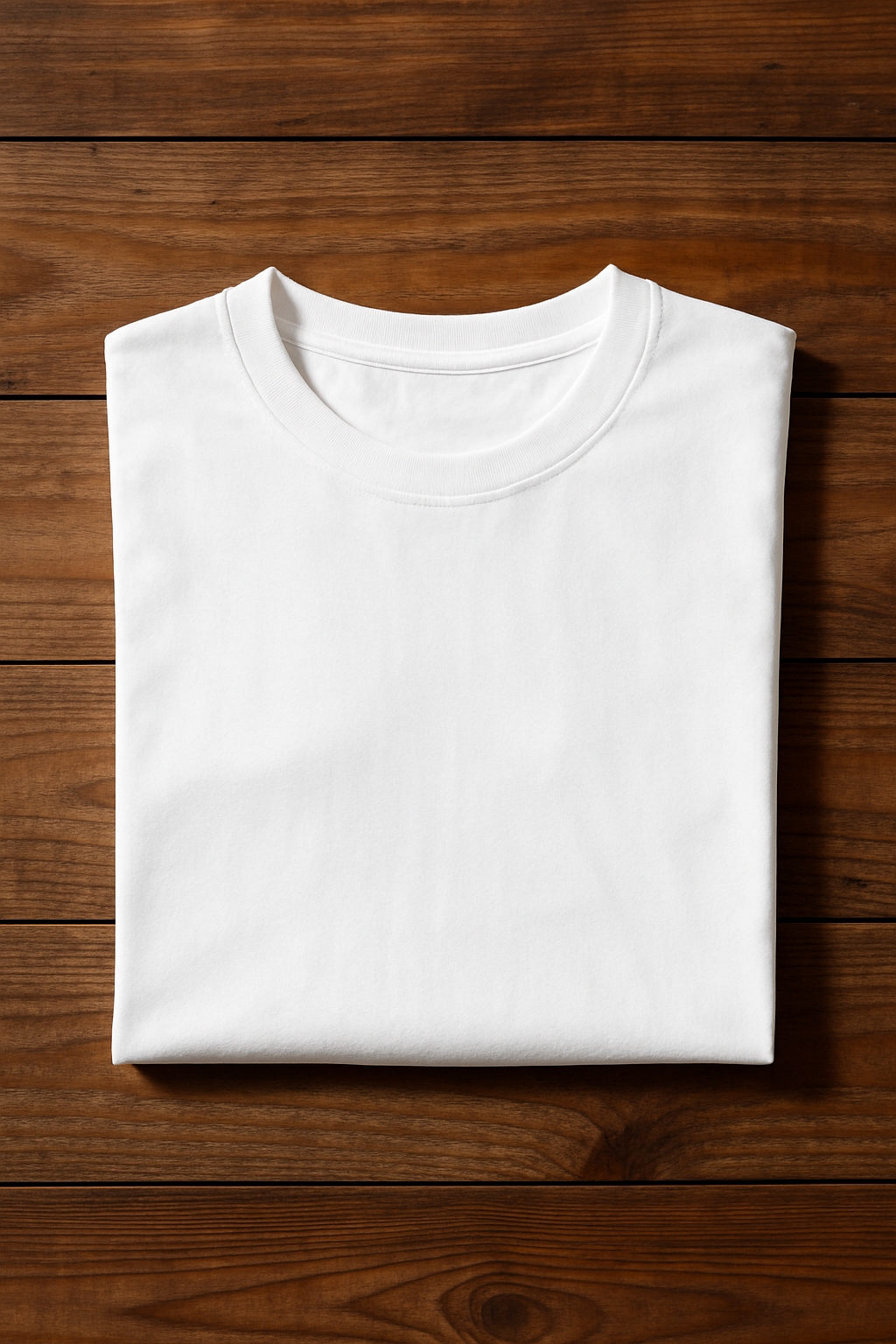 Neatly Folded White T-Shirt on Polished Wooden Surface Mockup