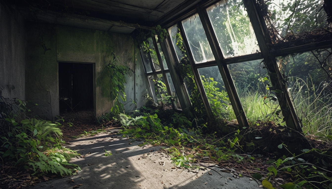 Abandoned Room with Overgrown Vegetation Virtual Background