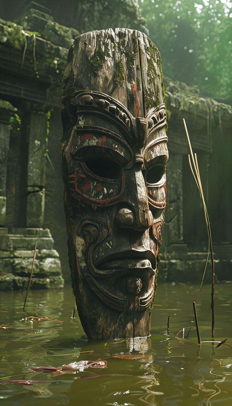 Ancient Tribal Mask in Murky Swamp Water Hyperrealistic Art
