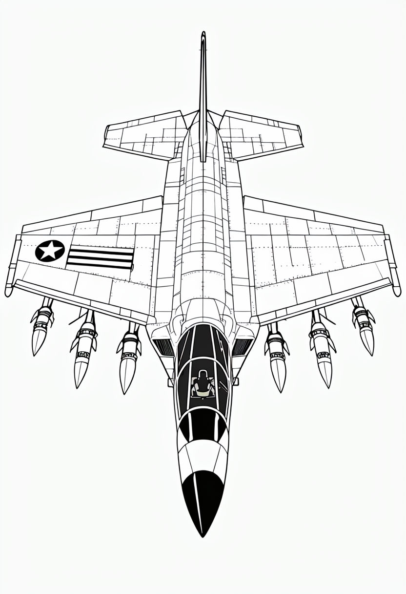 Detailed Top-Down Military Aircraft Coloring Page Design
