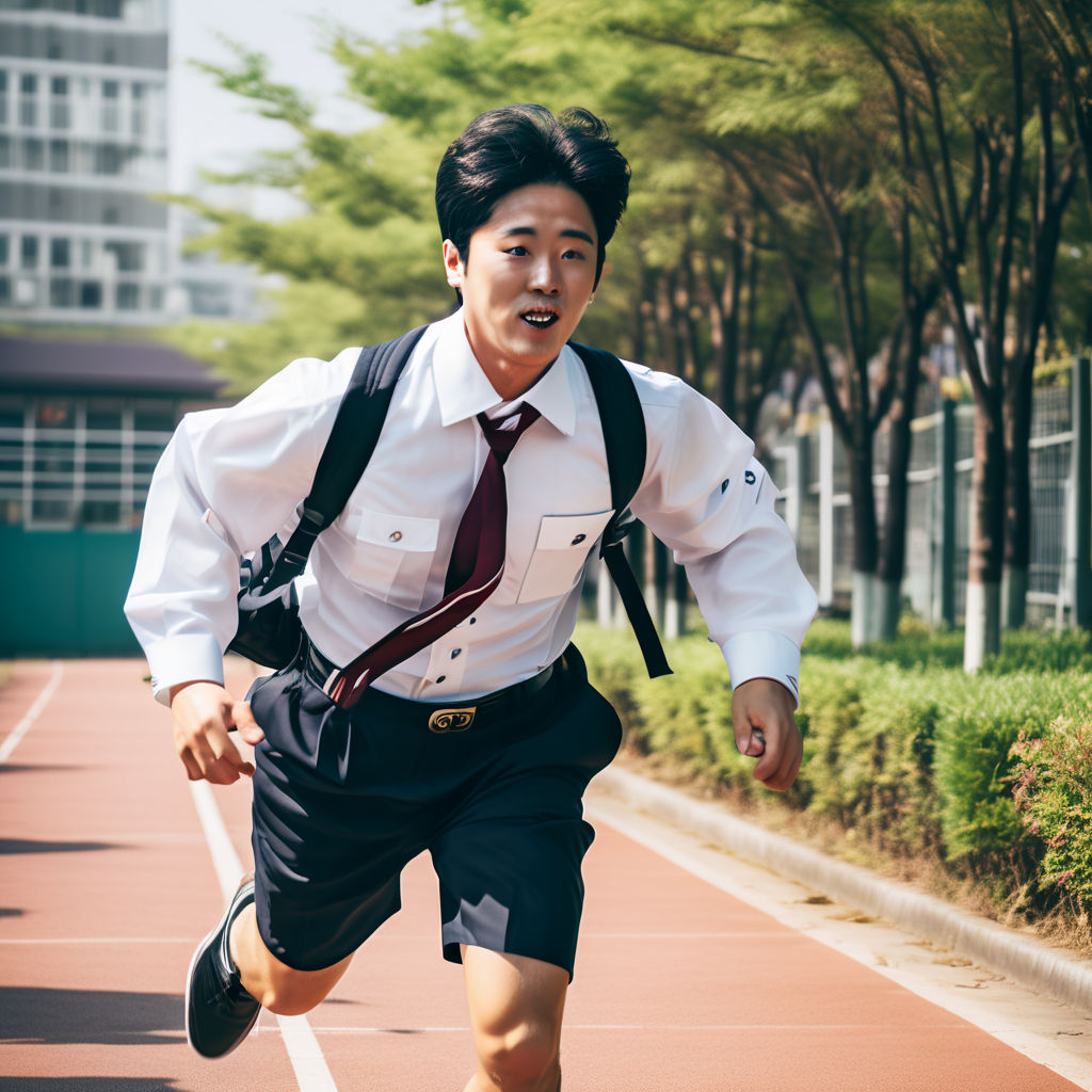 A Korean man running in a school uniform by 안도연 - Playground