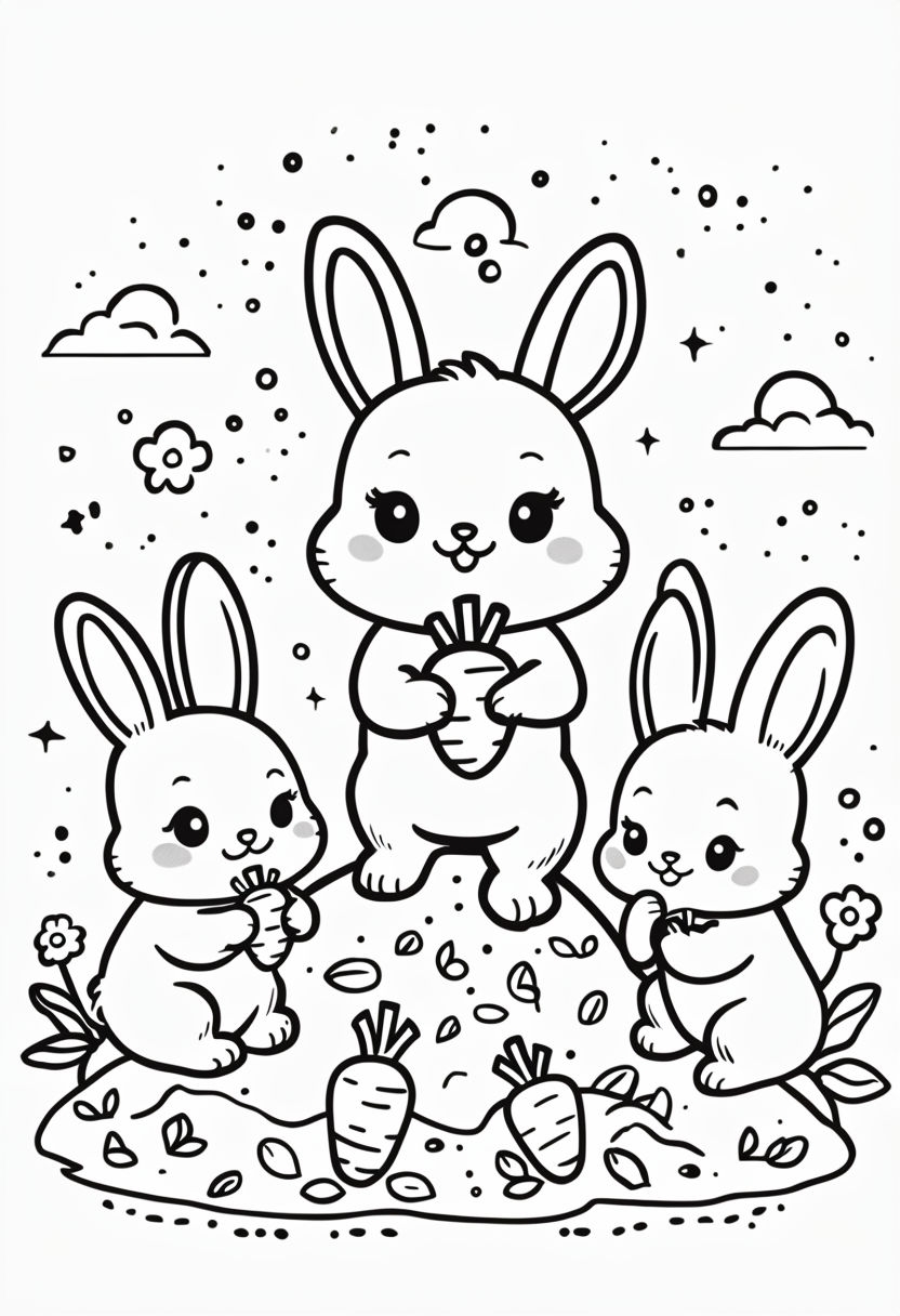 Adorable Cartoon Rabbits with Carrots Coloring Book Pages