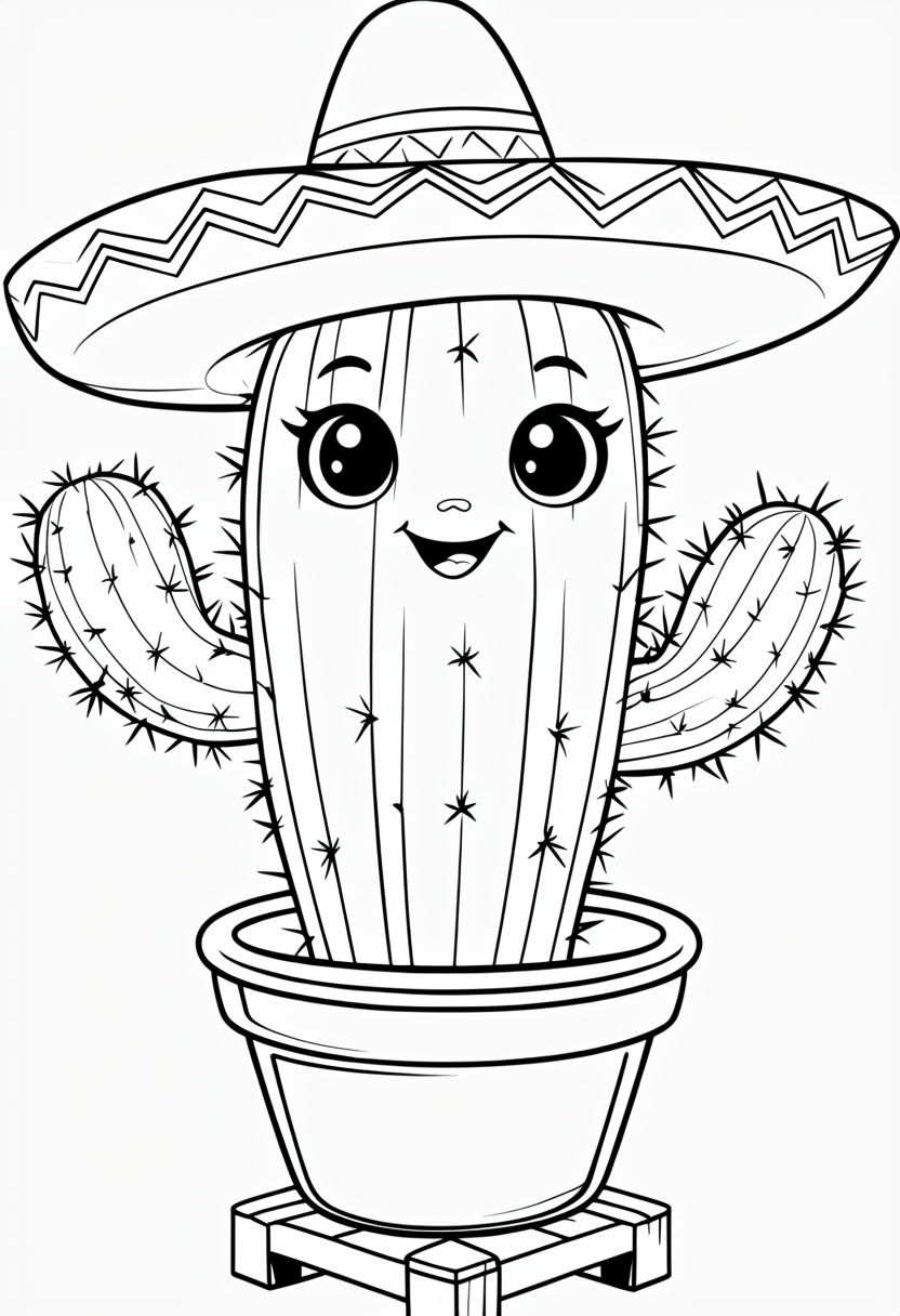 Cheerful Cactus Character Outline Drawing for Coloring Book Pages