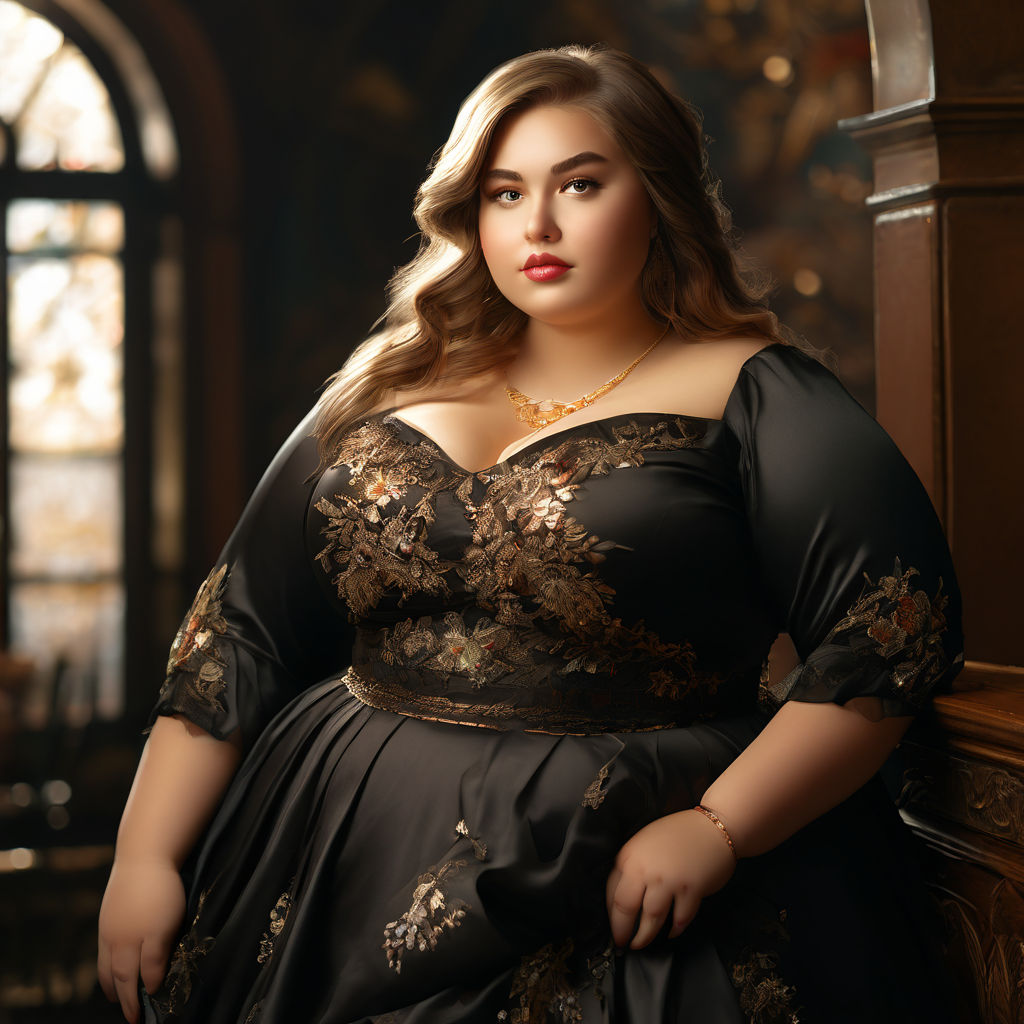 create 8k image Full body medium portrait of a beautiful Young Fat European  as an embodiment of medieval Queen of Gluttony Elegant tight Dress