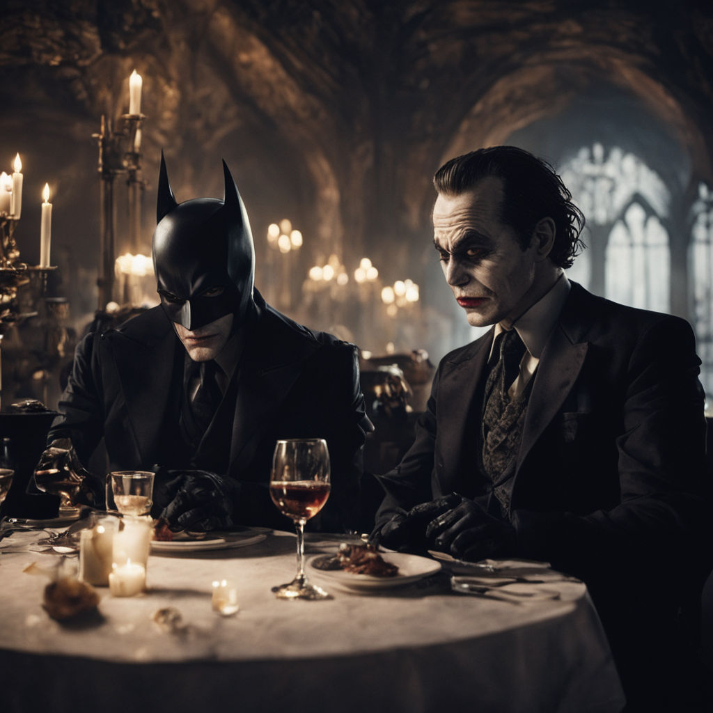 Batman and the joker are sitting next to each other on a couch while each  is holding a glass of whiskey. The joker looks like the Joaquin Phoenix  version. Batman looks like