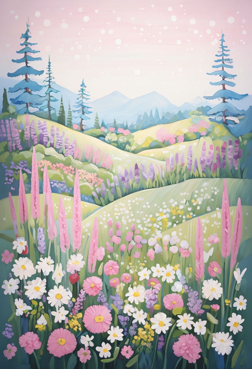 Vibrant Folk Art Landscape with Colorful Flowers Mobile Wallpaper