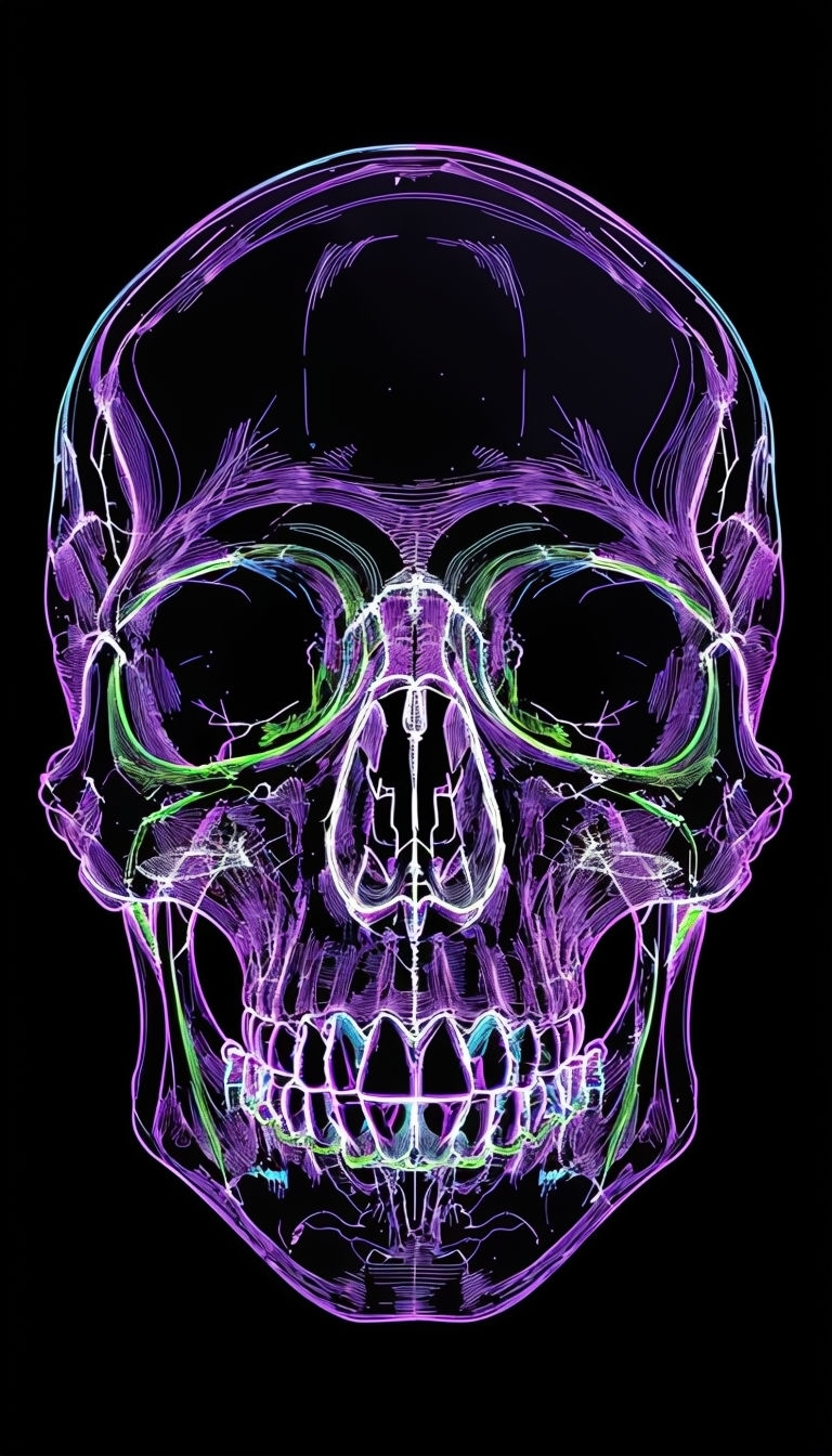 Neon Skull Illustration on Black Background Mobile Wallpaper