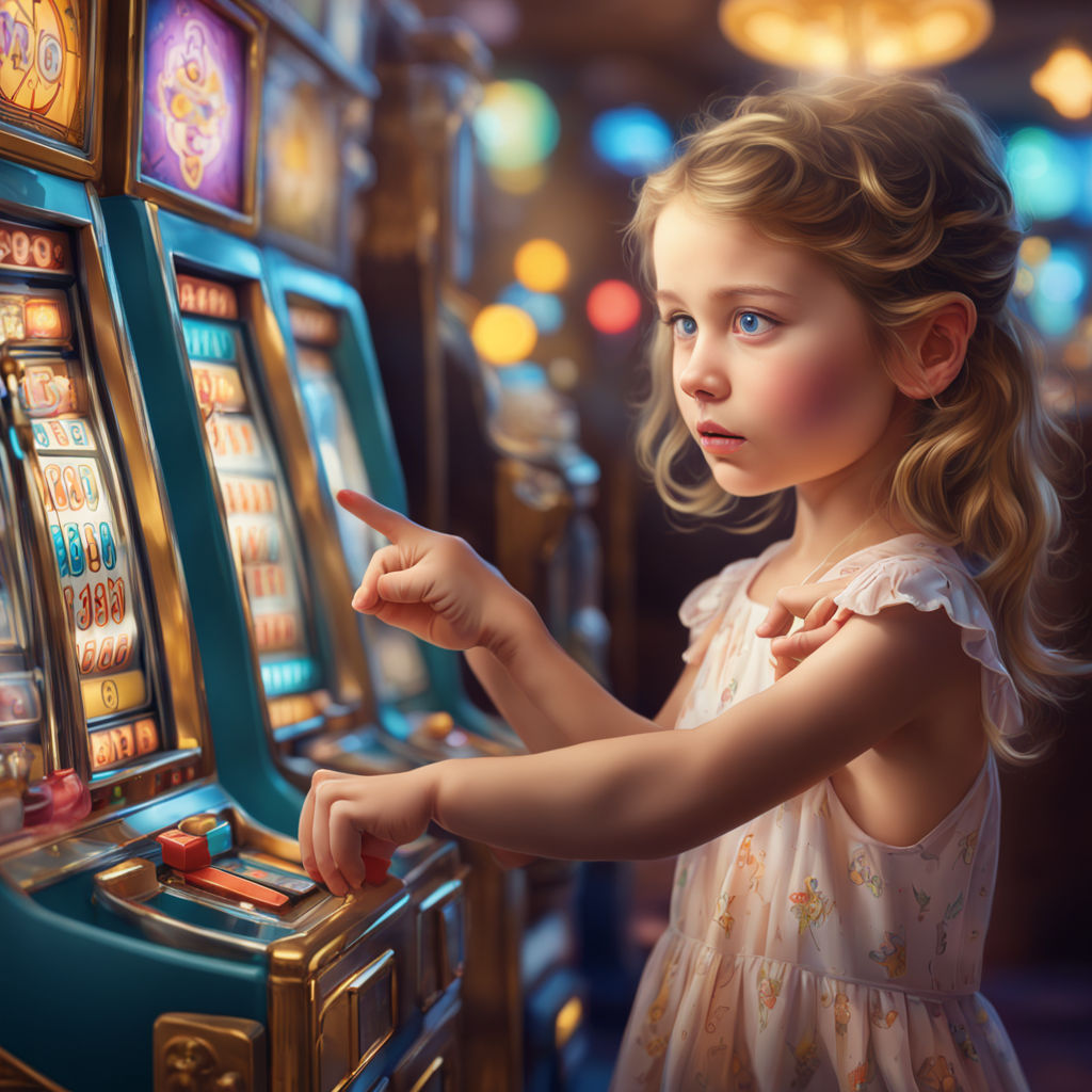 Young girl playing a slot machine, directs it with a pointed finger towards a hidden spot, anticipation in his wide eyes, background blur signalling the search area, treasure hunt concept, illustrated in the style of colorful children's book, golden highlights catch the light on the machine, character central in frame, surrounding elements hinting at a fabled quest, soft pastels with hints of periwinkle and cerulean, chalky texture, high detail in