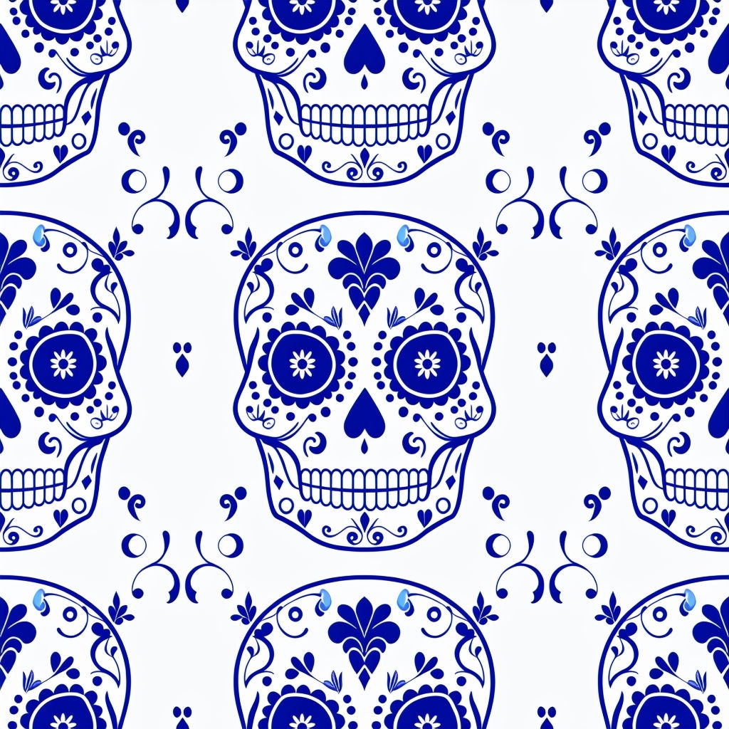 Intricate Navy Blue Sugar Skull Pattern for Día de Muertos Seamless Pattern