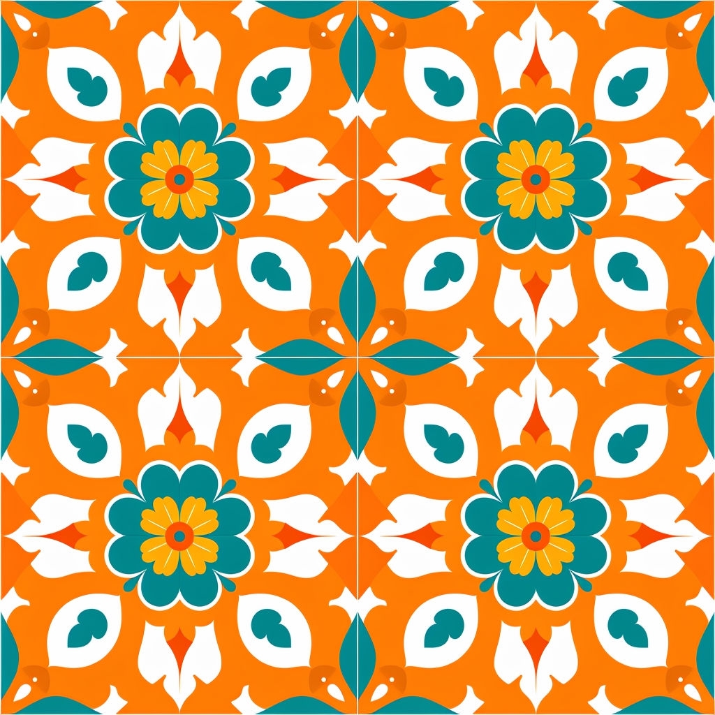 Vibrant Geometric Floral Pattern with Orange and Teal Elements Seamless Pattern