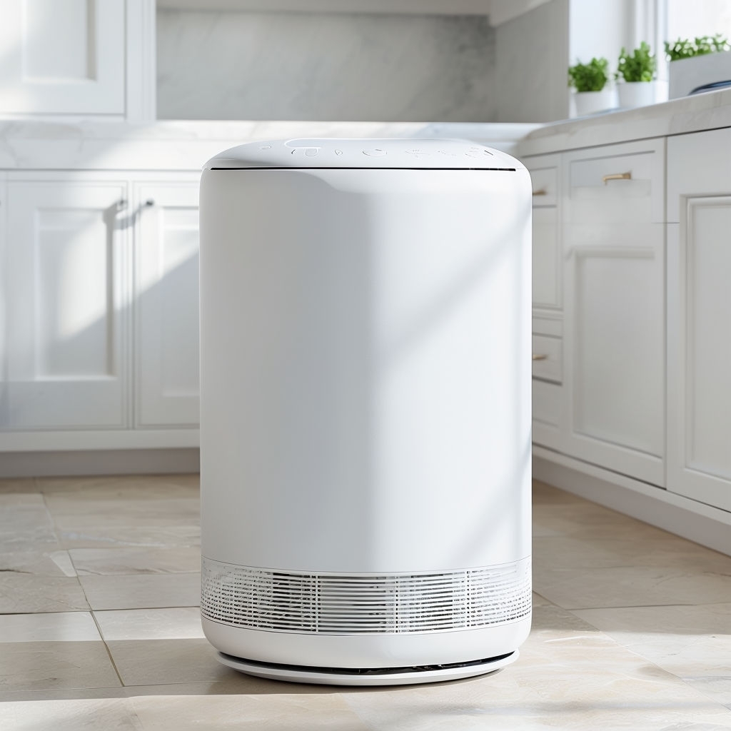 Sleek Modern White Air Purifier in Contemporary Kitchen Mockup