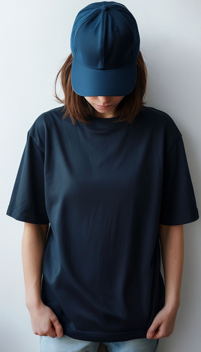 Oversized Navy Blue T-shirt Mockup with Baseball Cap