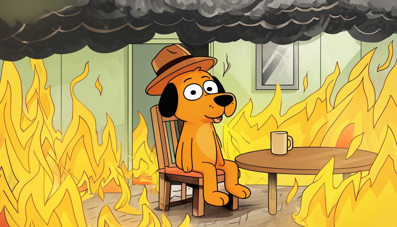 Comically Calm Dog in Fiery Chaos Cartoon Art Poster