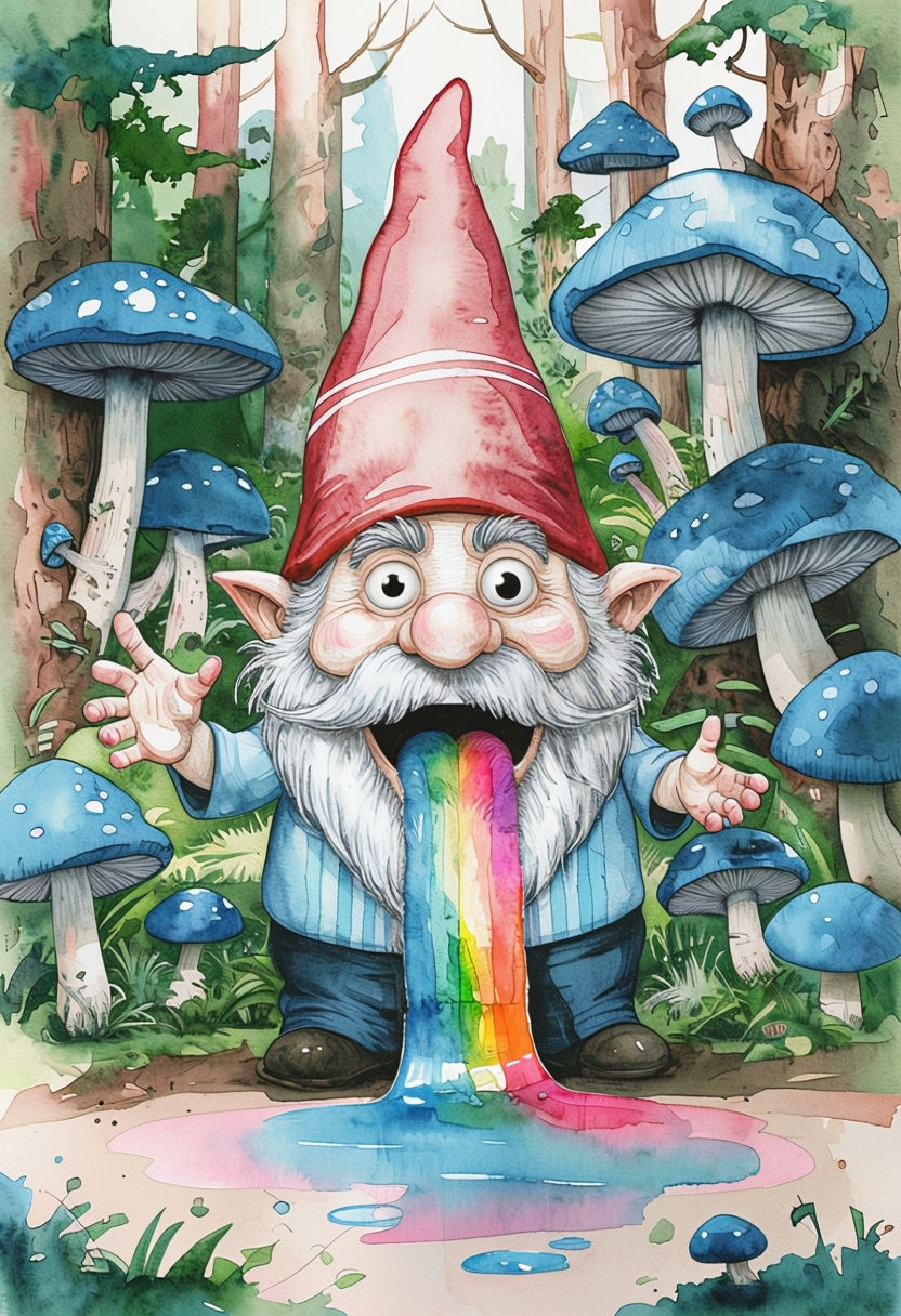 Whimsical Gnome in a Vibrant Forest Watercolor Art