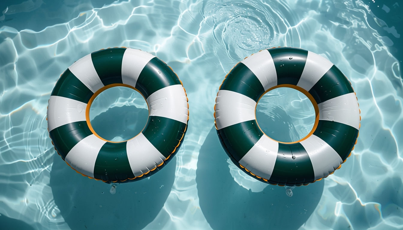 Serene Inflatable Rings Floating on Clear Blue Pool Background
