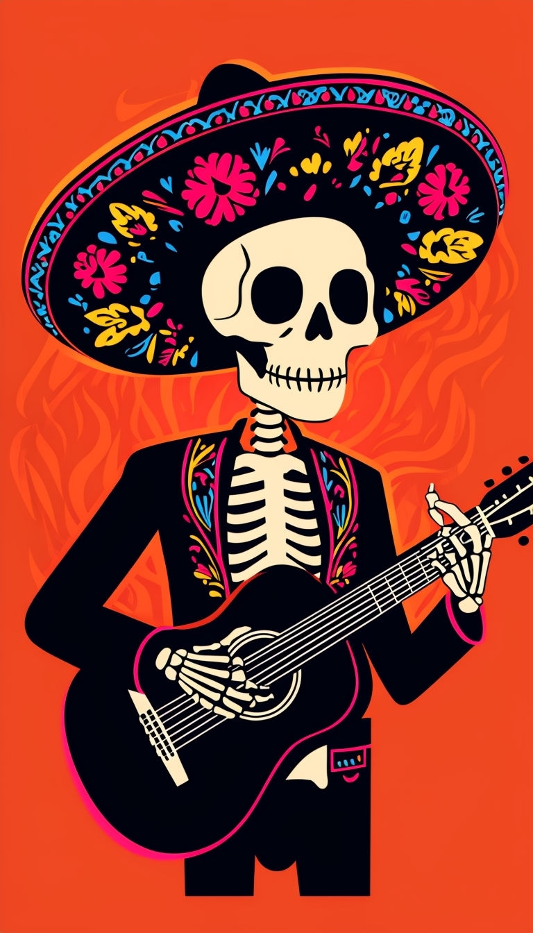 Energetic Mariachi Skeleton with Colorful Sombrero Art