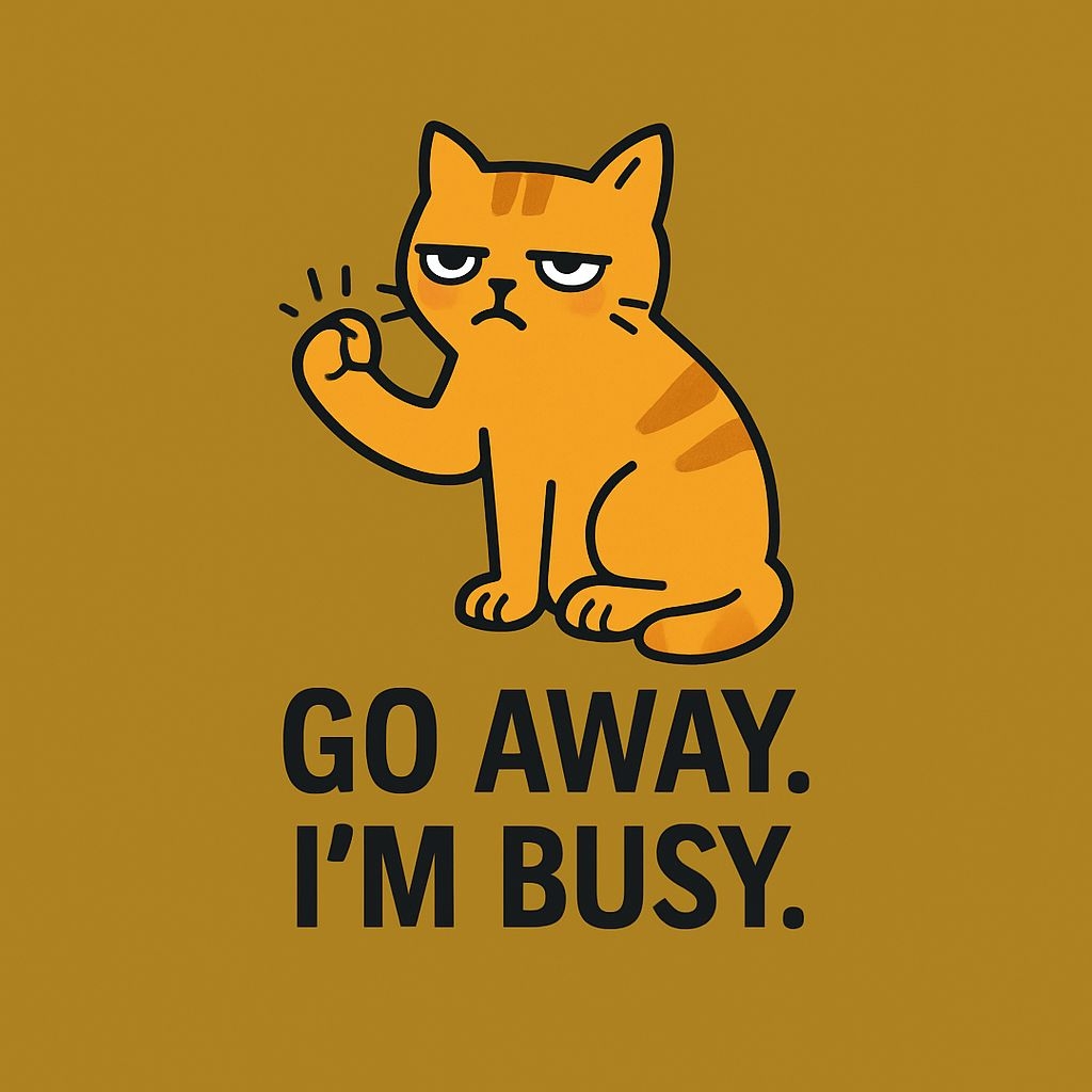 Annoyed Orange Tabby Cat with 'Go Away I'm Busy' Sticker