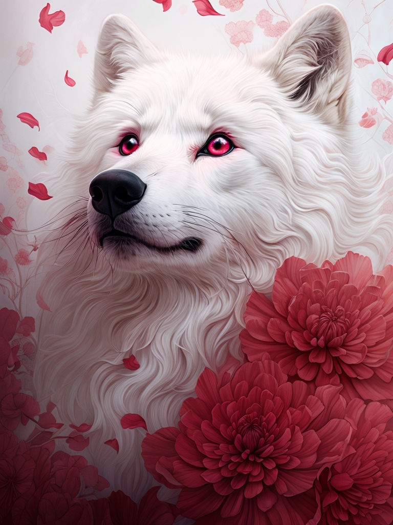 Majestic White Wolf with Crimson Eyes and Scarlet Flowers Art