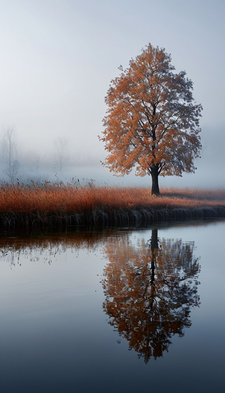 Tranquil Autumn Tree Reflection in Serene Landscape Mobile Wallpaper