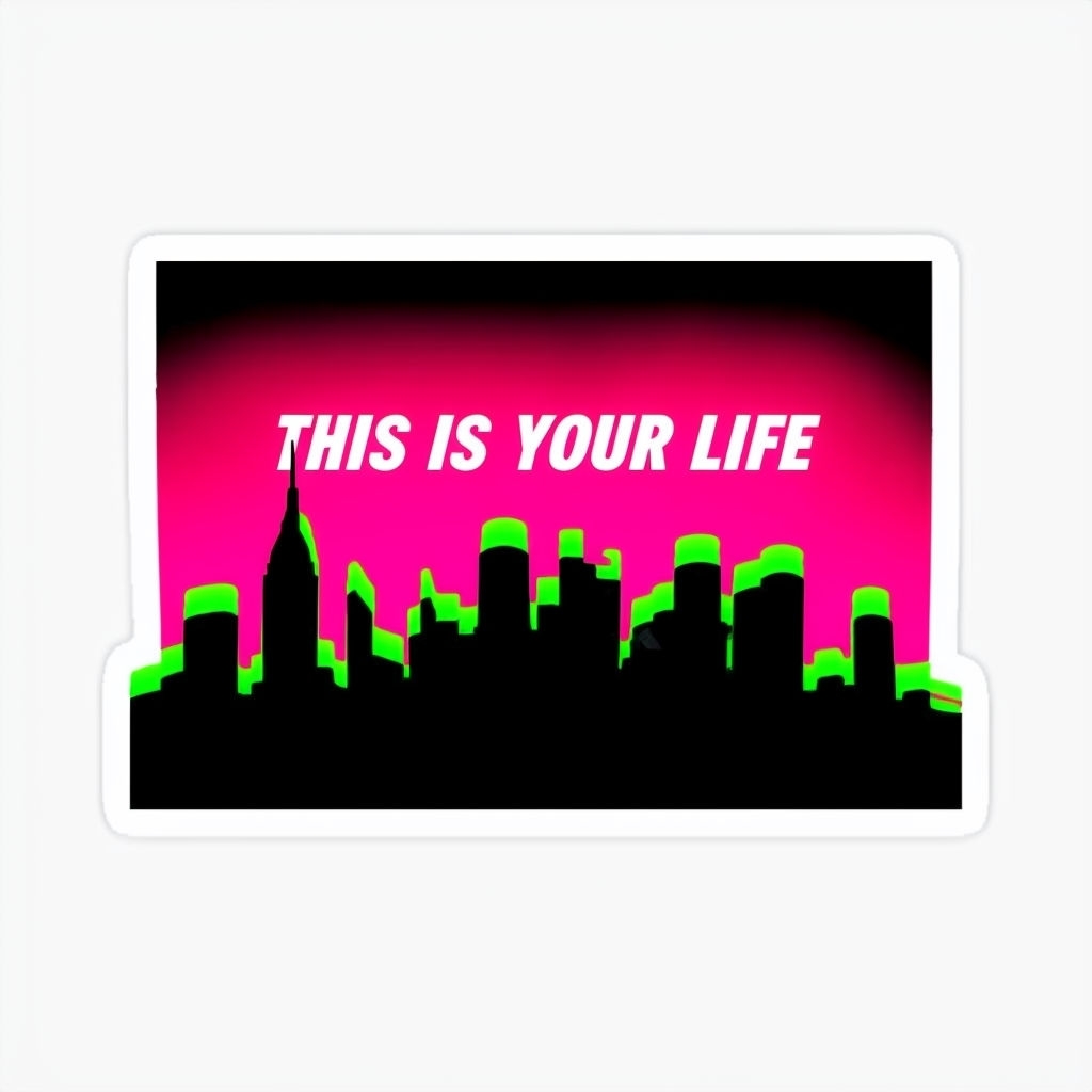 Neon Gradient City Skyline Sticker with Bold Life Quote