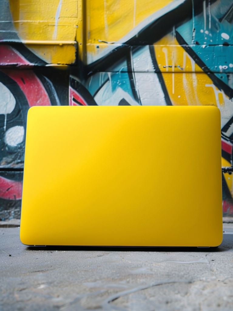 Vibrant Yellow Laptop Skin Against Colorful Mural Art