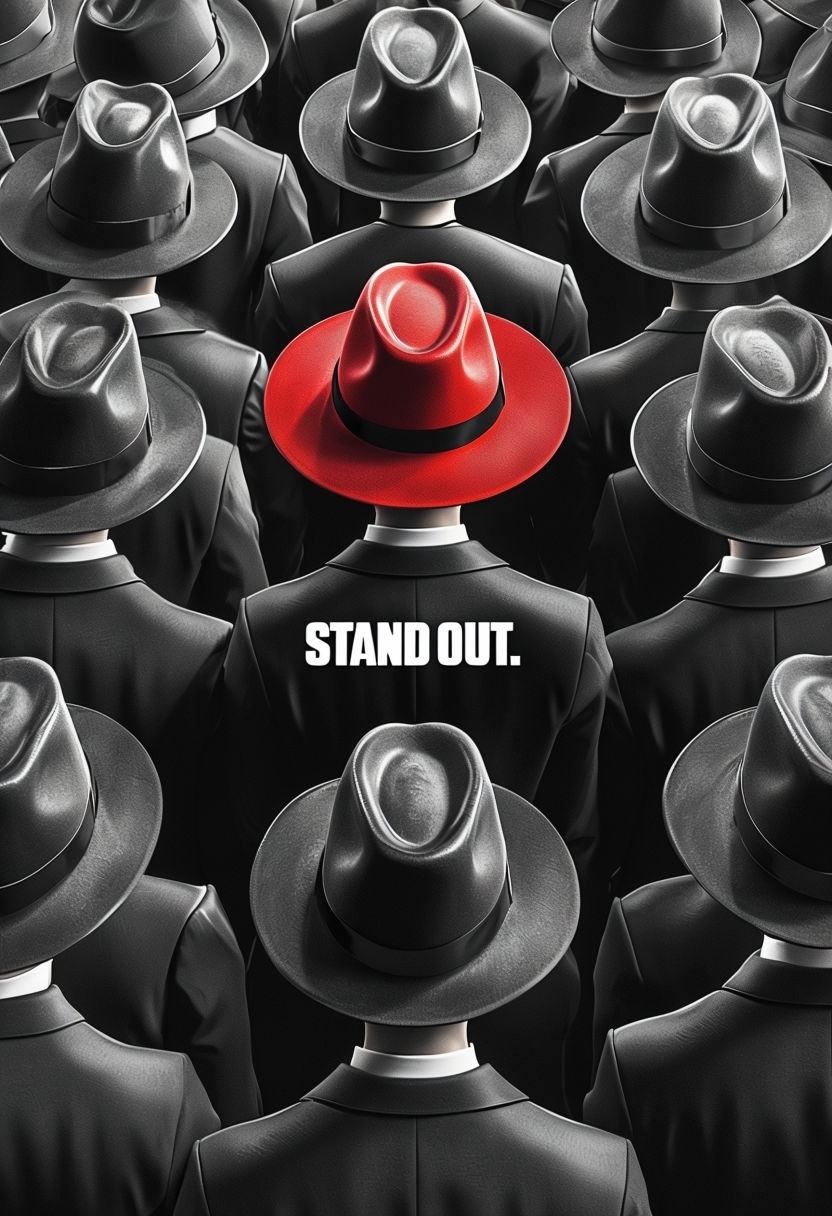 Surreal Crowd of Identical Figures with Red Fedora Poster