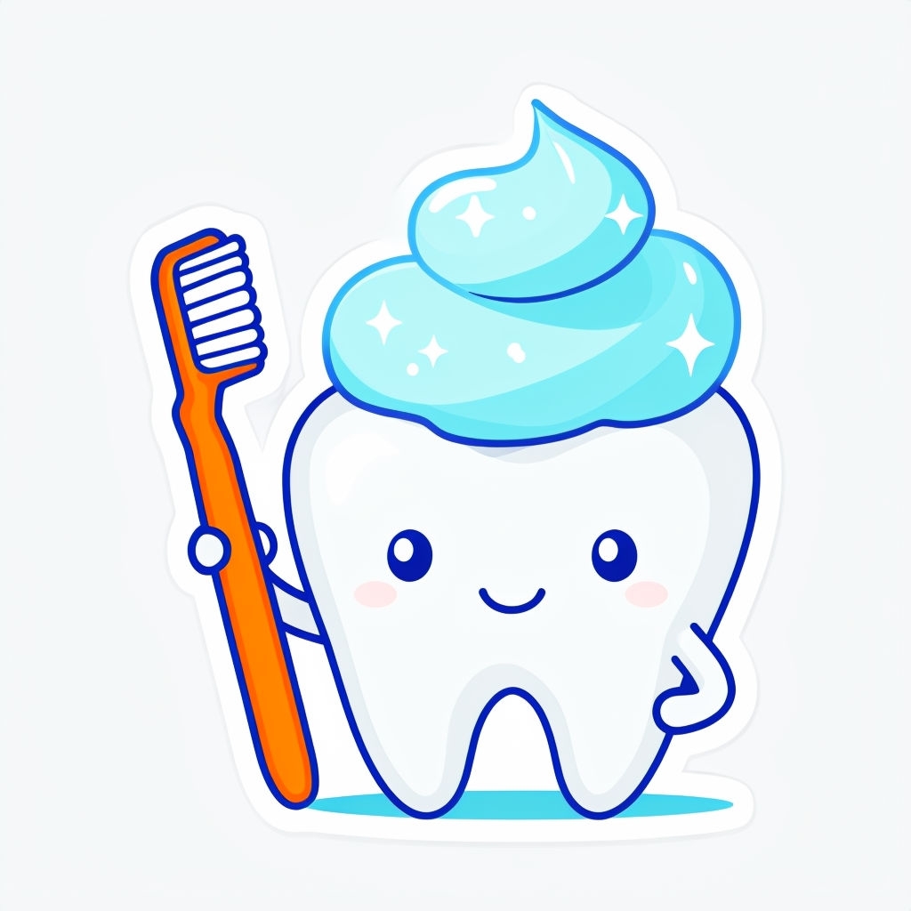 Cheerful Cartoon Tooth Character with Toothbrush and Mouthwash Sticker