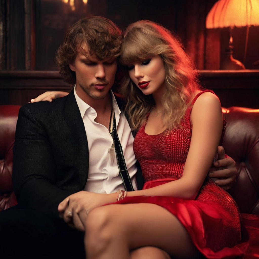 Taylor swift with short skirt and big boobs in sexy pose while hugging a  man