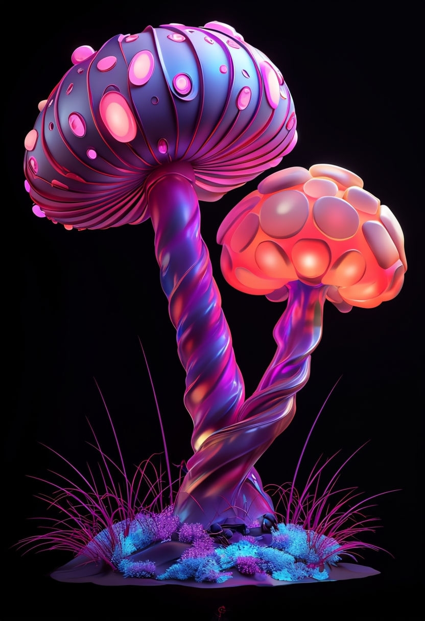 Futuristic Neon Mushrooms 3D Digital Art Poster