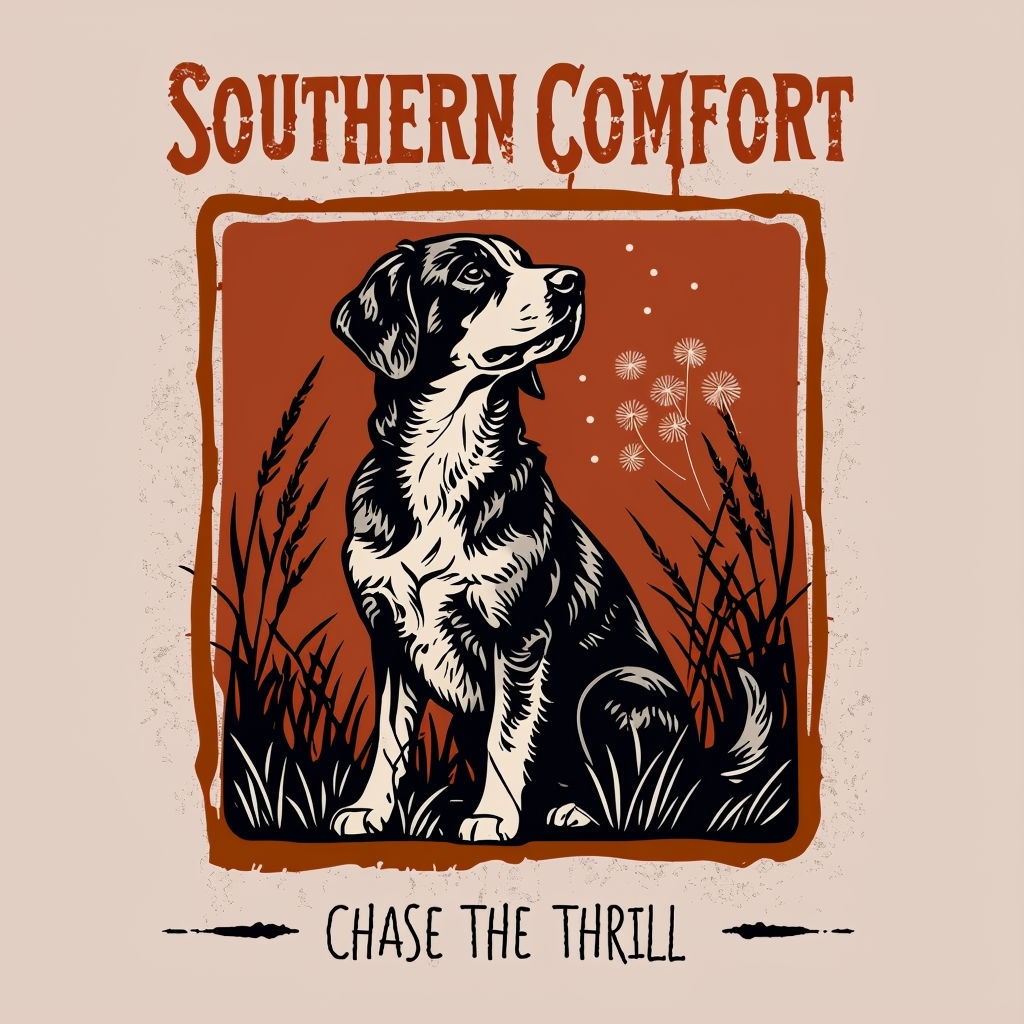 Vintage Black and White Dog Illustration with Southern Comfort T-Shirt