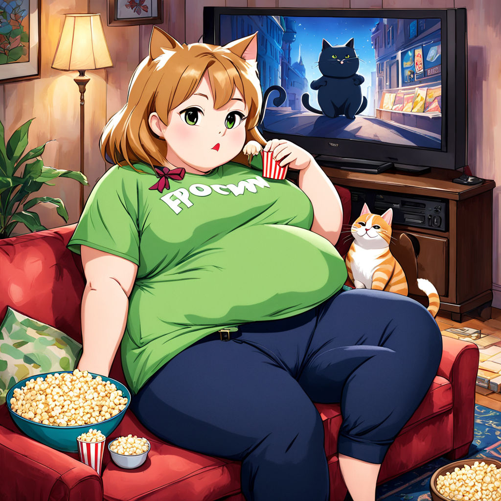 An extremely fat anime girl with a very squishy bouncy massive belly Laying  down with her belly dropping off the couch breaking it under her colossal  weight